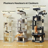 Happy Animalia multi-level cat tree with sisal scratching posts, plush platforms, and hideaways in beige, grey, and dark grey.