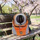 Happy Animalia orange and grey mesh dog hiking backpack with head opening and safety strap.