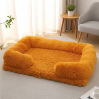 Happy Animalia orange plush dog and cat calming bed with raised edges for comfort and security.
