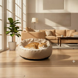 Happy Animalia orthopedic dog bed, beige, plush, memory foam, raised rim for comfort and security.