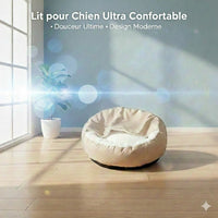Happy Animalia orthopedic dog bed, beige, plush, memory foam, with raised sides for comfort and support.