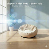 Happy Animalia orthopedic dog bed, beige, plush, memory foam, with raised sides for comfort and support.