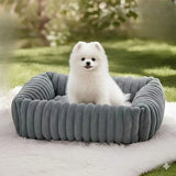 Happy Animalia grey plush orthopedic dog bed with memory foam for senior dogs. Features a soft, washable cover and anti-slip base.