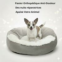 Happy Animalia grey orthopedic dog bed with plush white lining and raised edges, perfect for small dogs and cats.