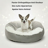 Happy Animalia grey orthopedic dog bed with plush white lining and raised edges, perfect for small dogs and cats.