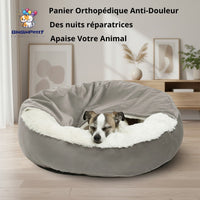Happy Animalia grey orthopedic dog bed with plush white lining and raised edges, perfect for small dogs and cats seeking pain relief.