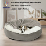 Happy Animalia grey orthopedic dog bed with plush white lining and raised edges, perfect for small dogs and cats seeking pain relief.