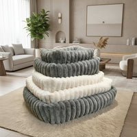 Happy Animalia orthopedic dog bed with memory foam, plush grey and cream, ideal for senior dogs with joint pain.
