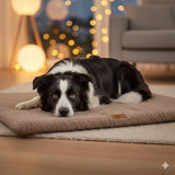 Happy Animalia orthopedic dog bed in taupe, waterproof, faux fur, 3D foam for arthritic dogs.