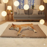 Happy Animalia orthopedic dog bed with waterproof, non-slip faux fur. Beige, 3D foam supports joints.