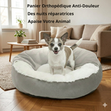 Happy Animalia grey orthopedic dog bed with plush white lining and raised edges, perfect for small dogs and cats