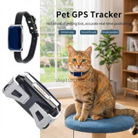 Happy Animalia blue GPS tracker on a black leather collar for cats and dogs, with real-time positioning.