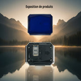 Happy Animalia blue GPS tracker for pets, showing SIM card slot and reset button.