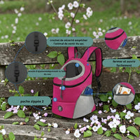 Happy Animalia pink mesh dog hiking backpack with adjustable straps and safety buckle. Features zippered pocket.