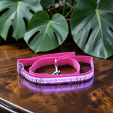 Happy Animalia pink LED rechargeable dog leash with multiple light modes for night visibility.