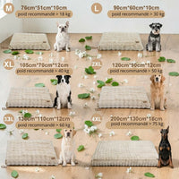 Happy Animalia plush dog bed in beige, orthopedic foam, washable cover, available in multiple sizes.
