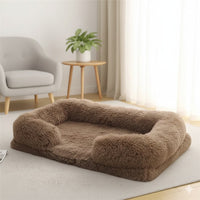 Happy Animalia plush dog and cat bed, calming, anti-stress, fluffy, brown, with raised edges for security.