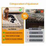 Happy Animalia plush pet bed comparison: thick, firm, cloud-like cushion with resilient foam vs. thin, firm, sinking cushion.