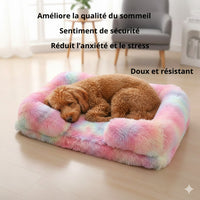 Happy Animalia plush dog and cat bed with raised edges, rainbow tie-dye pattern, soft and calming for anxiety and sleep.