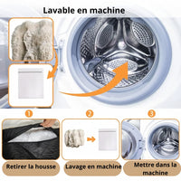 Happy Animalia plush pet bed cover being removed and washed in a machine with a mesh bag.