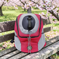 Happy Animalia red and grey mesh dog hiking backpack with head opening and safety straps.