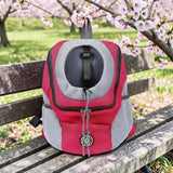 Happy Animalia red and grey mesh dog hiking backpack with head opening and safety straps.