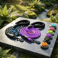 Happy Animalia reflective dog leash in purple and black with padded handle and metal clasp. Multiple leash colors shown on stones.