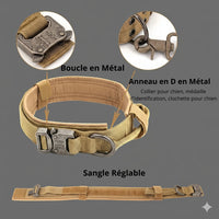 Happy Animalia tactical dog collar in tan nylon with metal buckle and D-ring, adjustable strap.