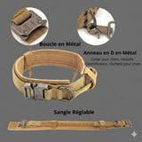 Happy Animalia tactical dog collar in tan nylon with metal buckle and D-ring, adjustable strap.
