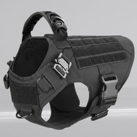 Happy Animalia black tactical dog harness with MOLLE system, top handle, and adjustable straps for large breeds.