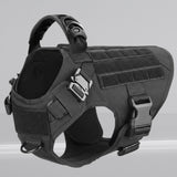 Happy Animalia black tactical dog harness with MOLLE system, top handle, and adjustable straps for large breeds.