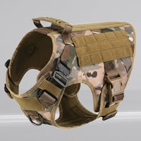 Happy Animalia tactical dog harness in camouflage nylon with MOLLE system, padded lining, and top handle.