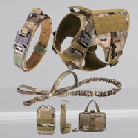 Happy Animalia 5-in-1 tactical dog harness kit in camouflage nylon with adjustable straps, padded lining, and MOLLE system. Includes collar, leash, and pouches.
