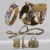 Happy Animalia 5-in-1 tactical dog harness kit in camouflage nylon with adjustable straps, padded lining, and MOLLE system. Includes collar, leash, and pouches.