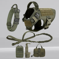 Happy Animalia 5-in-1 tactical dog harness kit in olive green nylon with collar, leash, and pouches.