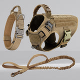 Happy Animalia tan tactical dog harness with leash and collar, durable nylon, adjustable vest with handle and MOLLE system.