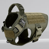 Happy Animalia olive green tactical dog harness, nylon, adjustable, with handle and MOLLE system.