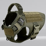 Happy Animalia olive green tactical dog harness, nylon, adjustable, with handle and MOLLE system.