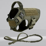 Happy Animalia tactical dog harness in olive green nylon with MOLLE system, handle, and leash. Adjustable for large breeds.
