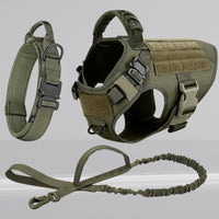 Happy Animalia olive green tactical dog harness and collar set with leash. Durable nylon vest with MOLLE system.