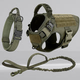 Happy Animalia olive green tactical dog harness and collar set with leash. Durable nylon vest with MOLLE system.