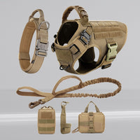 Happy Animalia tactical dog harness set in tan nylon, includes collar, vest, leash, and pouches. Adjustable, MOLLE compatible.