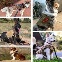 Happy Animalia tactical dog harness in tan nylon with MOLLE system, adjustable straps, and padded lining. Ideal for large breeds like German Shepherds and Malinois.