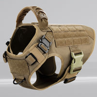 Happy Animalia tan nylon tactical dog harness with MOLLE system, handle, and adjustable straps.