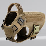 Happy Animalia tan nylon tactical dog harness with MOLLE system, handle, and adjustable straps.