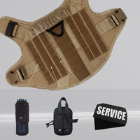 Happy Animalia tan tactical dog harness with D-ring, MOLLE system, and adjustable straps. Includes service patch.