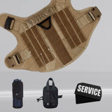 Happy Animalia tan tactical dog harness with D-ring, MOLLE system, and adjustable straps. Includes service patch.