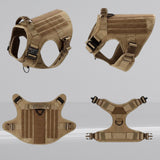 Happy Animalia tan nylon tactical dog harness with MOLLE system, adjustable straps, and padded lining for large breeds.