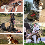 Happy Animalia tactical dog harness in tan nylon with MOLLE system, adjustable straps, and padded lining. Ideal for large breeds like German Shepherds and Malinois.