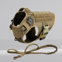 Happy Animalia tan nylon tactical dog harness with leash, adjustable vest with MOLLE system and handle.